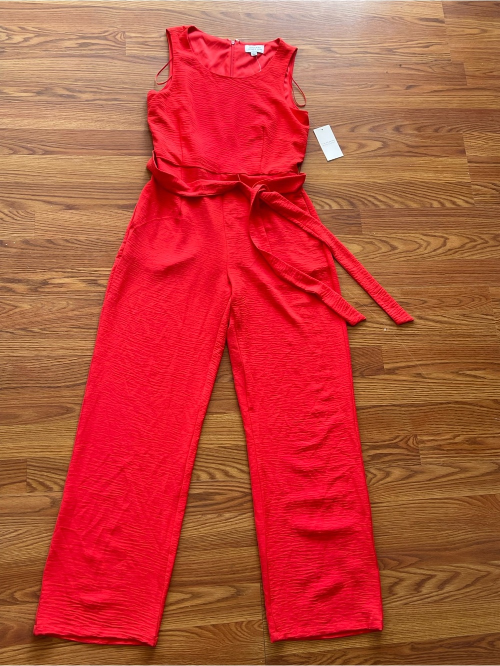 Tahari Bold Red Sleeveless Wide-Leg Jumpsuit with Waist Tie